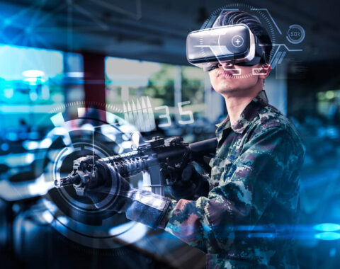 Soldier using VR goggles to training